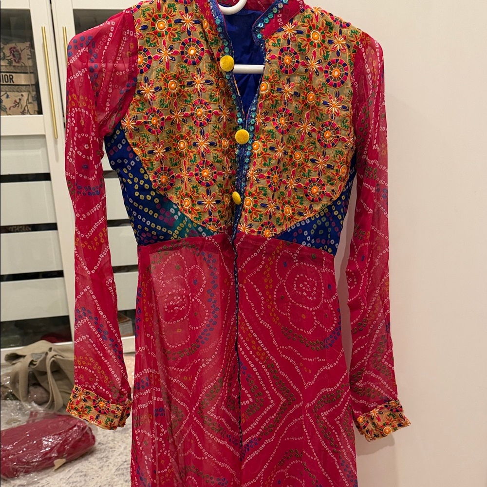 India Boutique Pink Long Sleeve Embroidered Dress with Multicolor Yoke